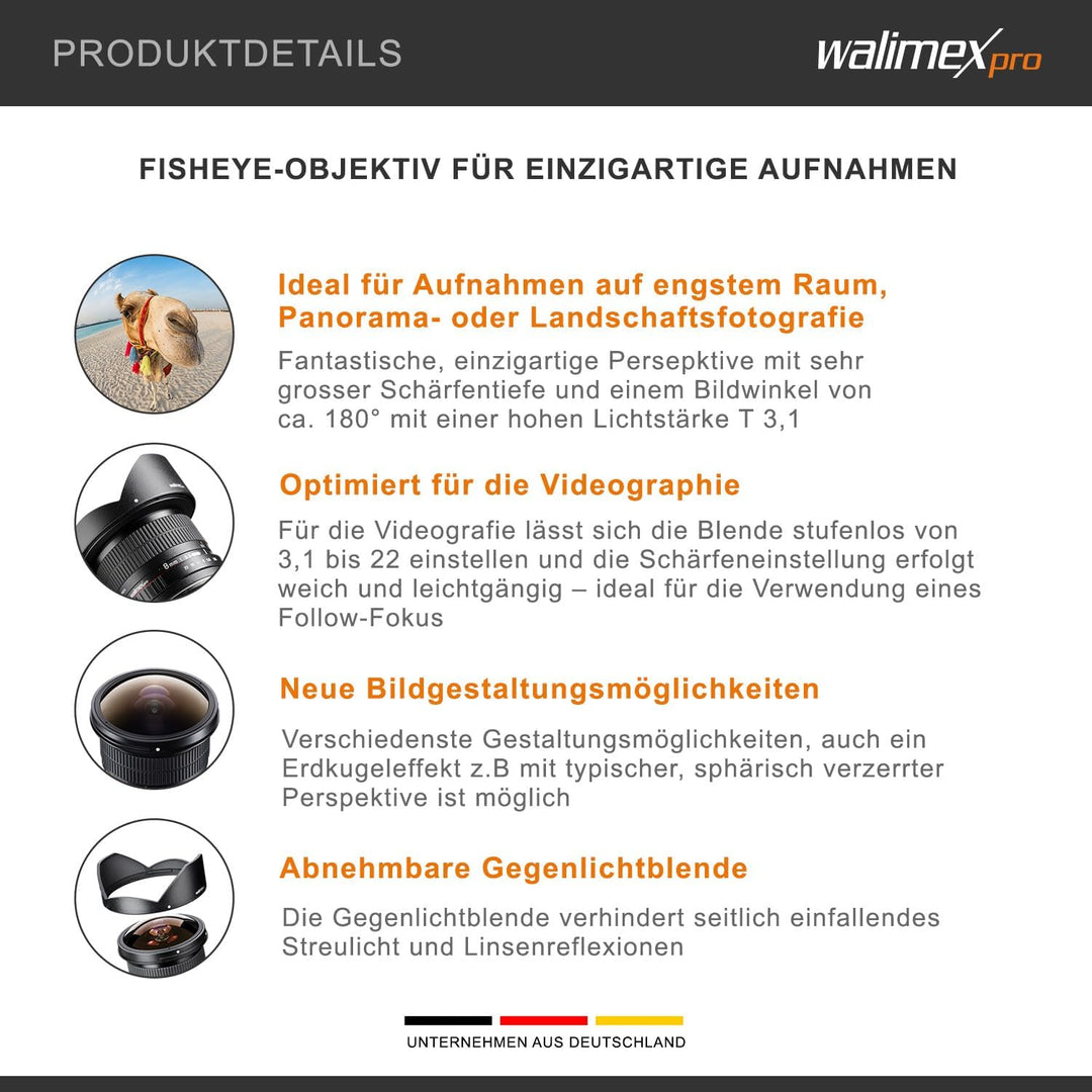 Walimex Pro 12mm 1:3,1 Fish-Eye VCSC für Canon EF Objektivbajonett schwarz (manueller Fokus, für Vol
