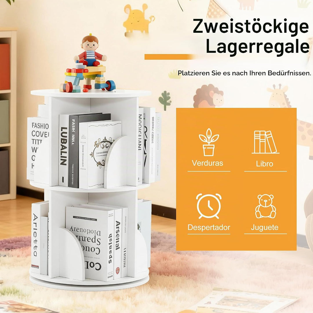 Mingone Bücherregal Kinder 360° Drehbar, 2-Ebenen Drehregal aus MDF, Standregal &amp; Schreibtischregal
