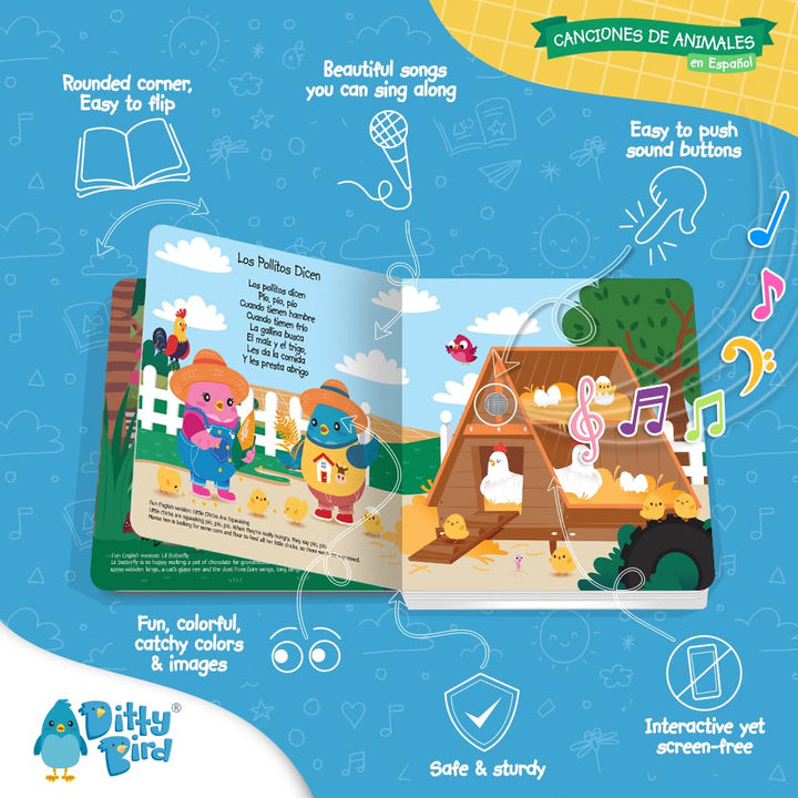 DITTY BIRD Spanisches Spielzeug für Kleinkinder 1–3,Kinderliederbuch für Babys,Spanisches Lernen für