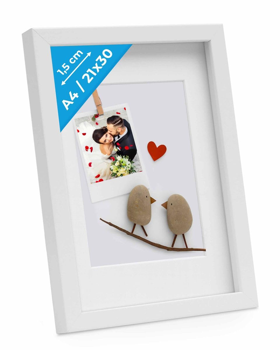 PHOTOLINI 3D Bilderrahmen zum Befüllen 21x30 A4 Weiss, 1,5 cm tiefer Objektrahmen mit Glas, tiefer B
