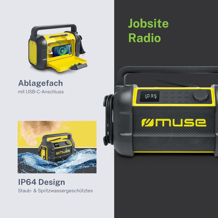 Muse M-928 BTY Baustellenradio, robust, Staub- und spritzwassergeschützt (IP64), mit Bluetooth und U