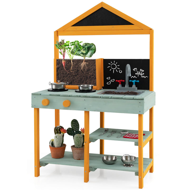 COSTWAY Matschküche Kinder Outdoor, Kinderküche Tannenholz mit Pflanzbehälter & 2 Kreidetafeln & Was