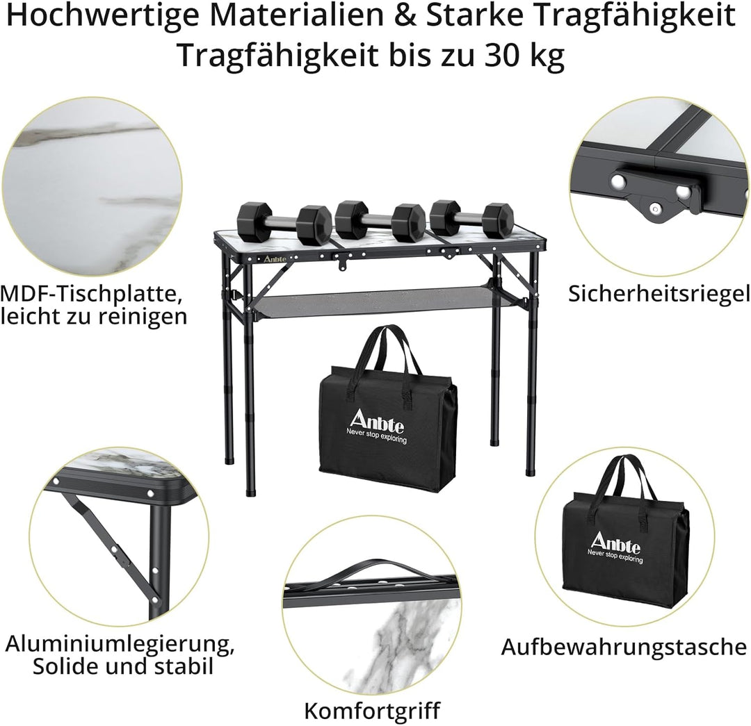 Anbte Campingtisch Klappbar 88x40cm Aluminium Rahmen 3 Höhenverstellbar 26/48/70cm Picknicktisch mit