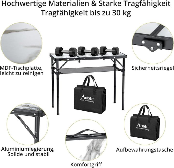 Anbte Campingtisch Klappbar 88x40cm Aluminium Rahmen 3 Höhenverstellbar 26/48/70cm Picknicktisch mit