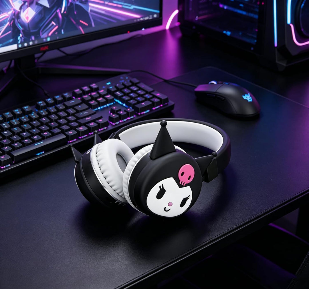 Roffatide Cartoon Kuromi Faltbare Leichte Bluetooth Kopfhörer für Reise/Büro/Handy/PC Über App Tiefe