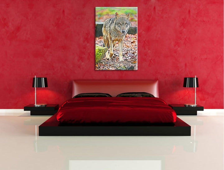 Wolf im Laubwald Deluxe Format: 100x70 cm auf Leinwand, XXL riesige Bilder fertig gerahmt mit Keilra