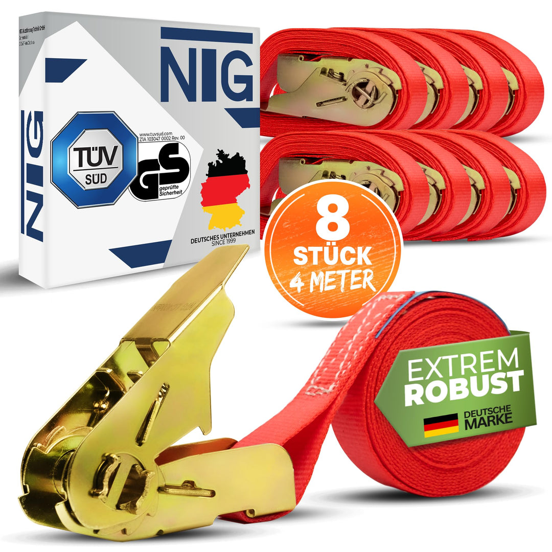NTG Spanngurte mit Ratsche - 800kg Kapazität - 4m lang 8 Stück - 25mm breit - TÜV GS zertifizierte R