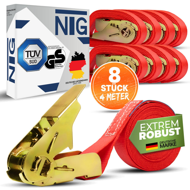 NTG Spanngurte mit Ratsche - 800kg Kapazität - 4m lang 8 Stück - 25mm breit - TÜV GS zertifizierte R