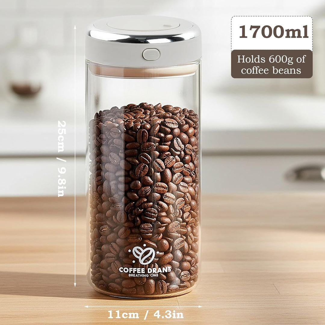 1.7L Kaffeedose Luftdicht Glas, Kaffeebohnen Behälter mit Einwegventil und Datumsanzeige Transparent