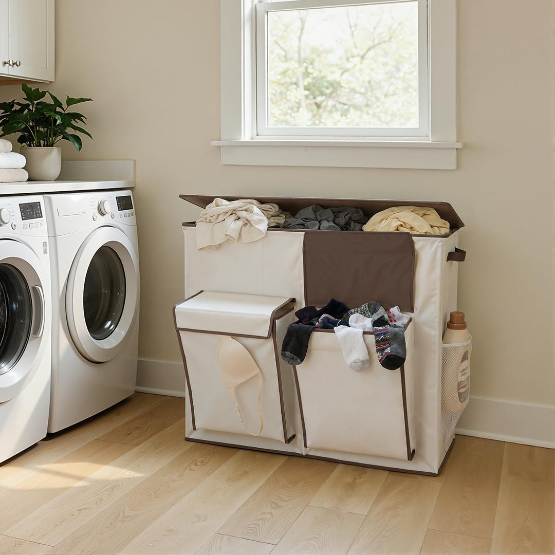 SOLEDI 220L Wäschekorb mit Deckel, Wäschesammler 3 Fächer mit 2 Seitentaschen, Laundr Baskets mit 3