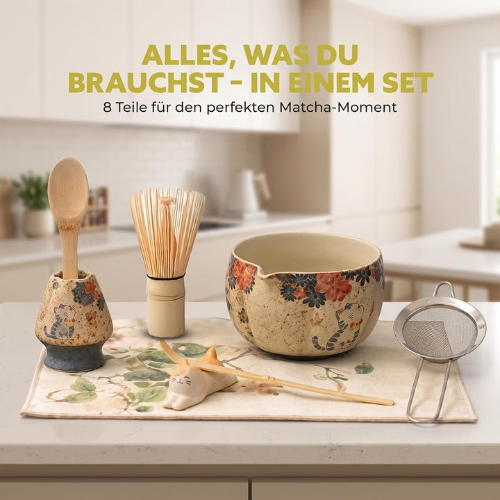 Matcha Set Japan 8-teilig – Premium Matcha Tee Set mit Keramik Schale, Bambus Chasen Besen &amp; Halter,