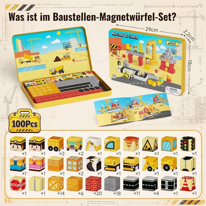 Magnetische Bausteine Reiseset Baustelle: 100 Teile für Jungen | Baustellen-Magnetwürfel mit Metalld