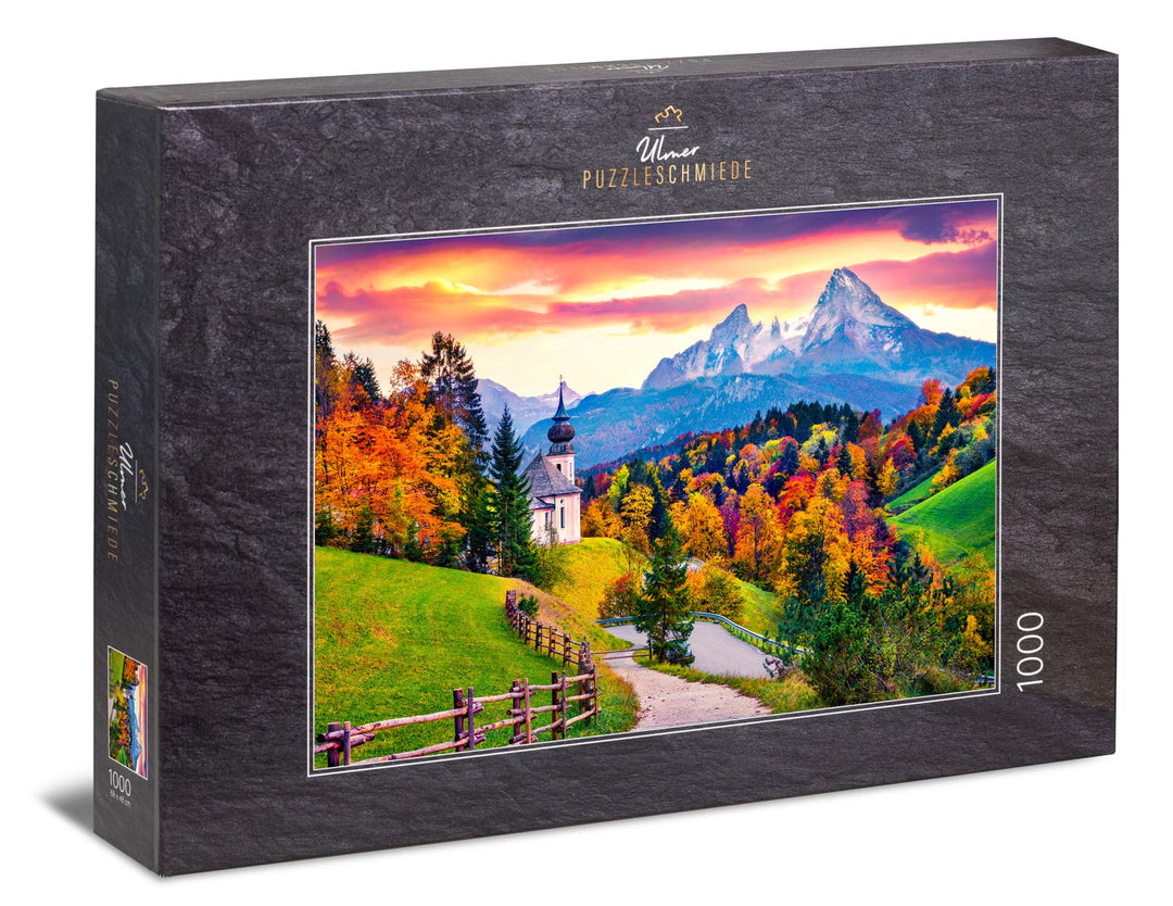 Ulmer Puzzleschmiede - Puzzle „Wallfahrt“ - Klassisches 1000 Teile Berg-Puzzle – Stimmungsvoller Pfa