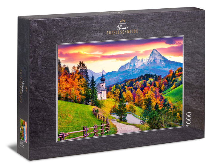 Ulmer Puzzleschmiede - Puzzle „Wallfahrt“ - Klassisches 1000 Teile Berg-Puzzle – Stimmungsvoller Pfa