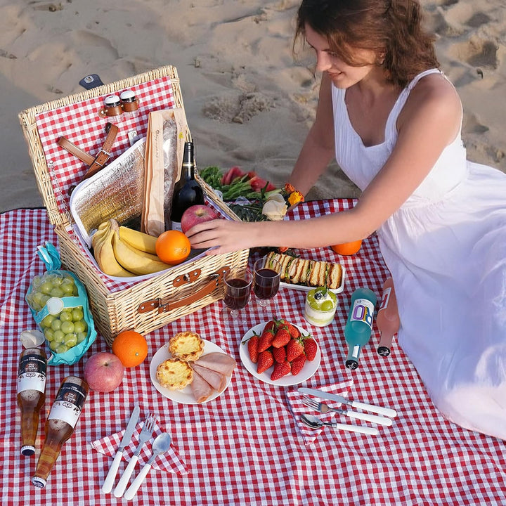 Picknickkorb für 2 Personen - Isolierter Vintage Weidenkorb mit wasserdichter Matte & Besteckset Paa