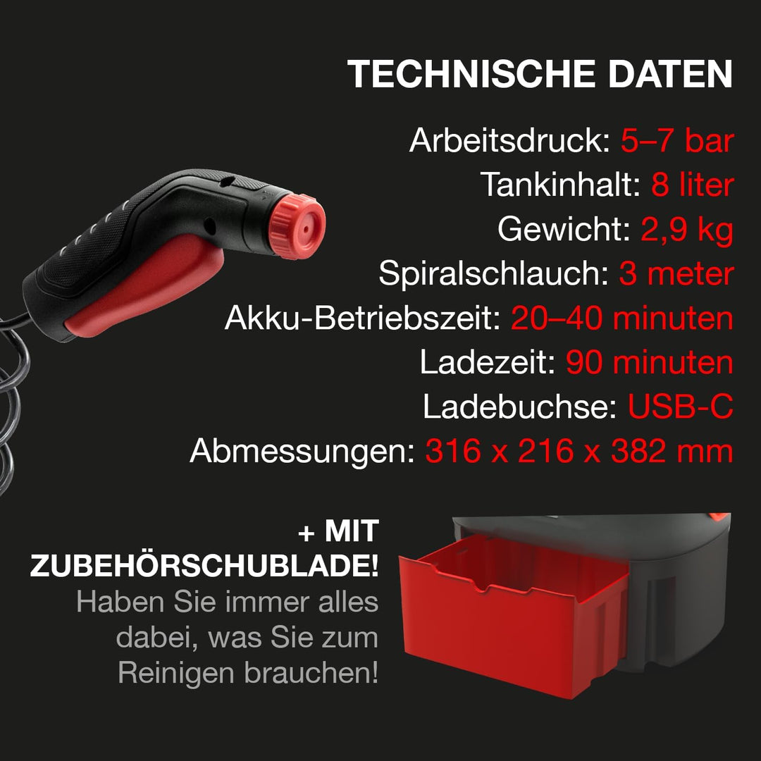 Errecom Jet Gun PRO+, Tragbarer akkubetriebener Hochdruckreiniger mit Zubehörschublade, 8 L Wasserta