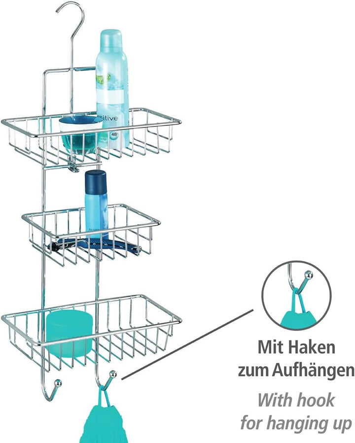 WENKO Duschcaddy Mod. Milano mit 3 Ablagekörben und 2 Haken verchromt ideal für Badezimmer ohne Abla