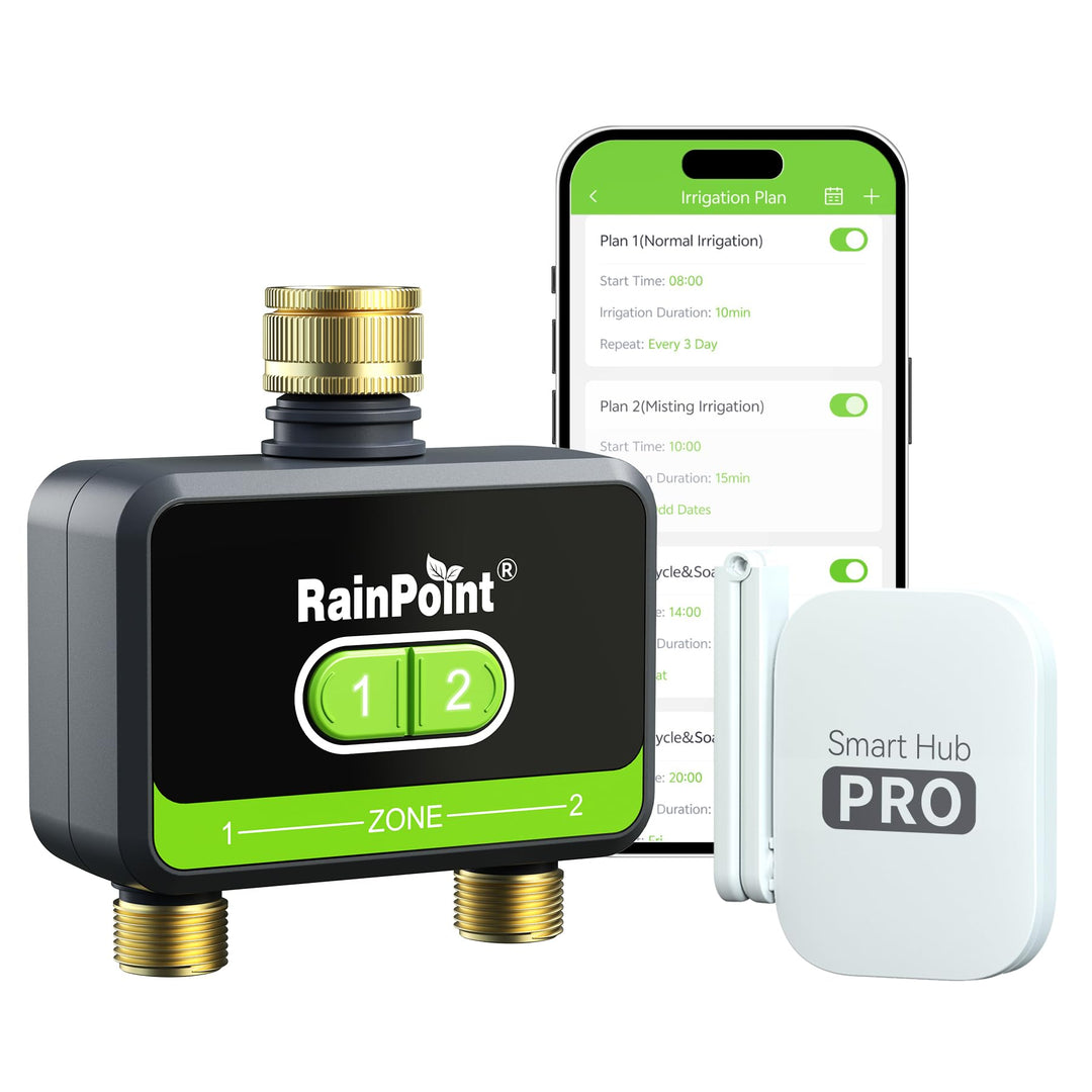 RAINPOINT Bewässerungscomputer WLAN 2 Ausgänge, Messing-Einlass und -Auslass, Automatische Garten Be