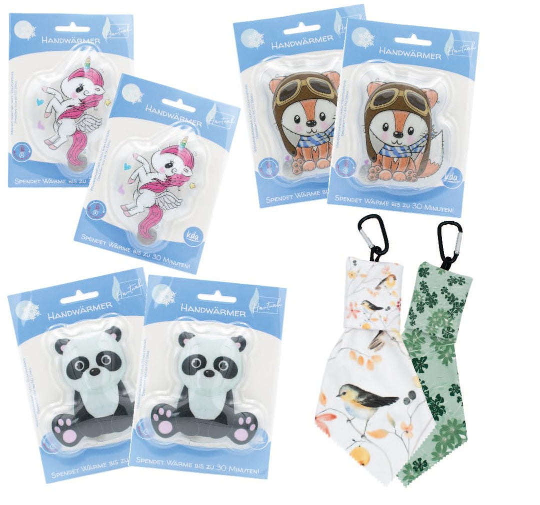 kda Handwärmer - 6er Sparpaket Set Taschenwärmer inkl. 2 GRATIS Microfasertuch - Verschiedene Motive