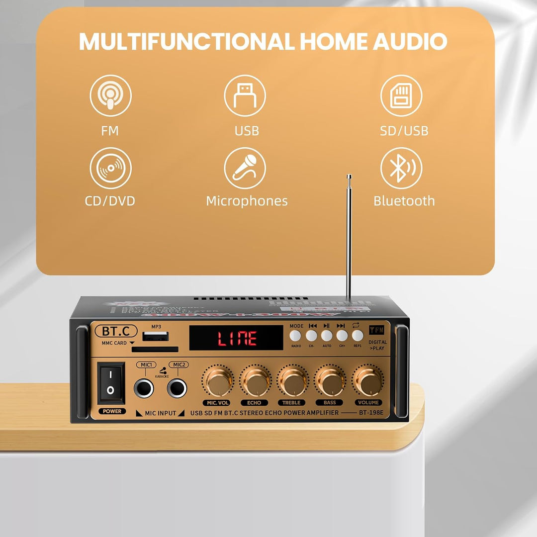 Mini Bluetooth Verstärker HiFi Stereo Audio mit Mixer Wireless Bluetooth Endstufe 600W Dual Kanal Bl