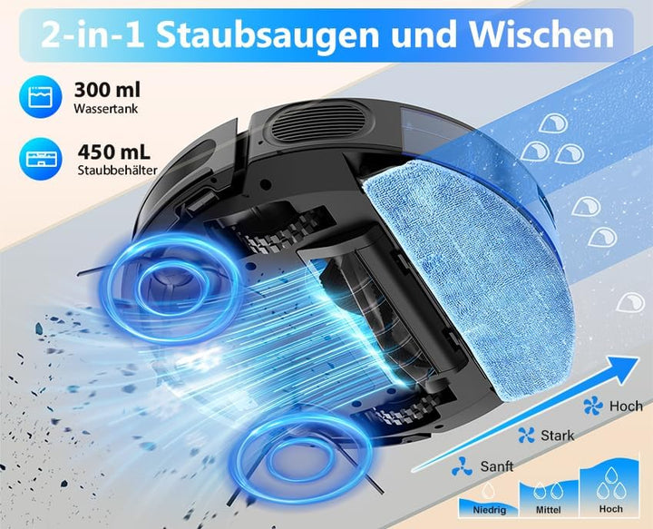 Tikom Saugroboter mit Wischfunktion 2 in 1, G8000 Max Staubsauger Roboter, 5000Pa Starke Saugkraft R