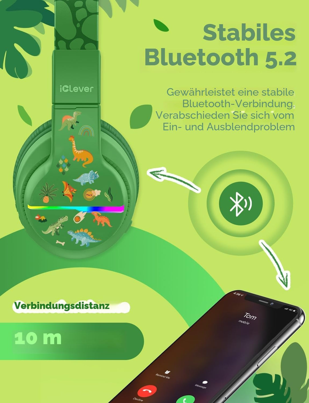 iClever Bluetooth Kinder Kopfhörer, Farbige LED-Leuchten, Kinderkopfhörer Over-Ear mit 74/85dBA Laut