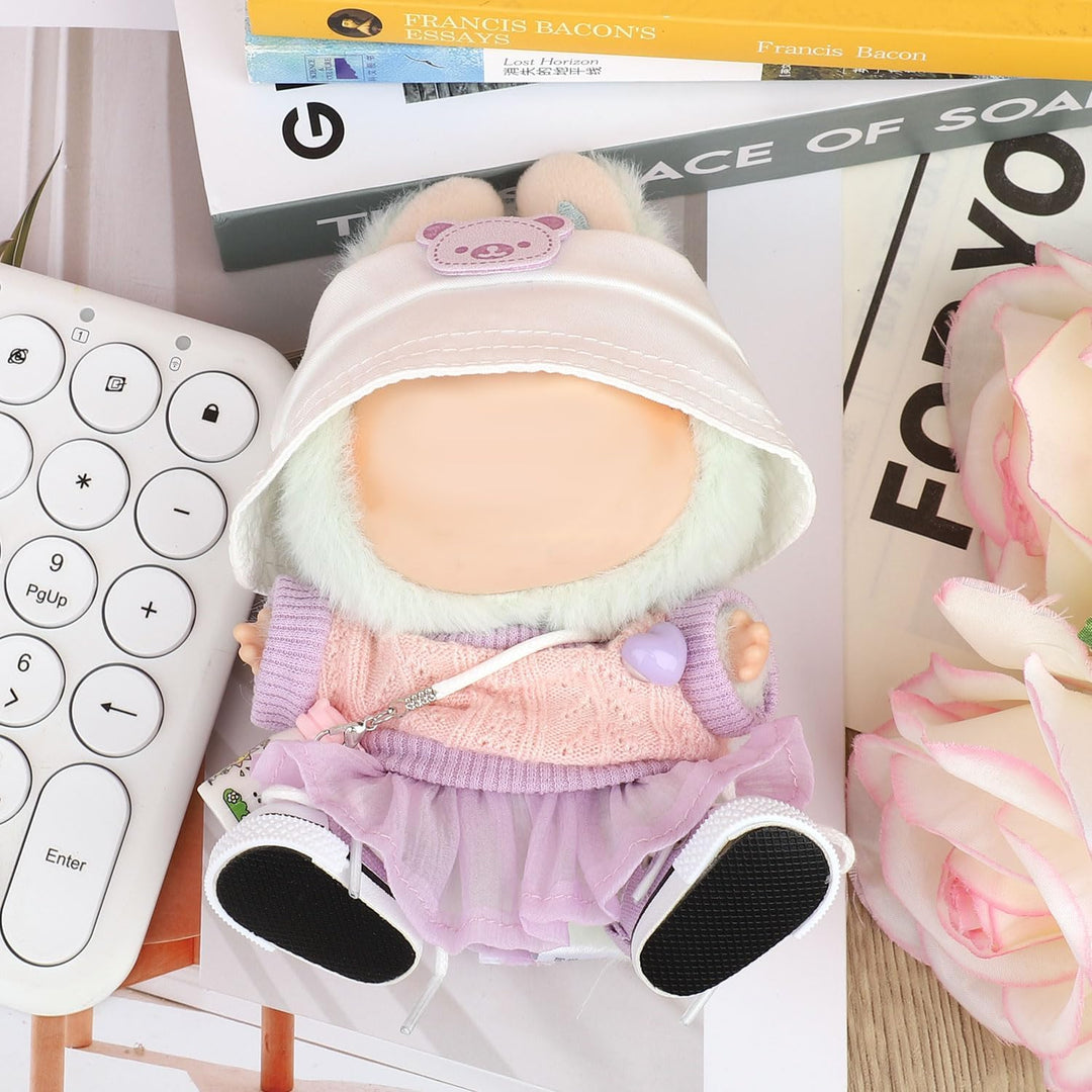 BOXOB Plüschpuppen Kleidung Set, 5stk Kawaii Outfit Enthält Pullover, Lila Tüllrock, Hut, Kleine Was