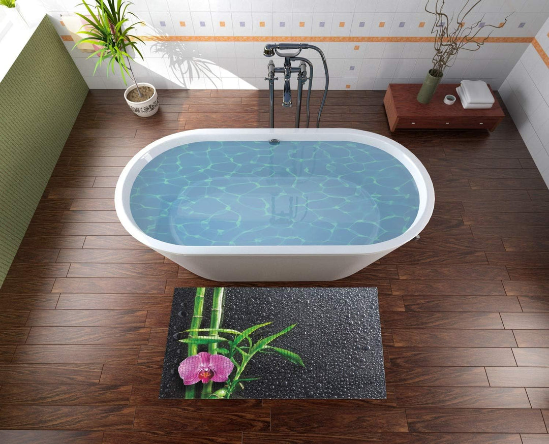 Wallario Duschmatte Antirutschmatte Badmatte Fussmatte Bambus und Pinke Orchidee auf schwarzem Glas
