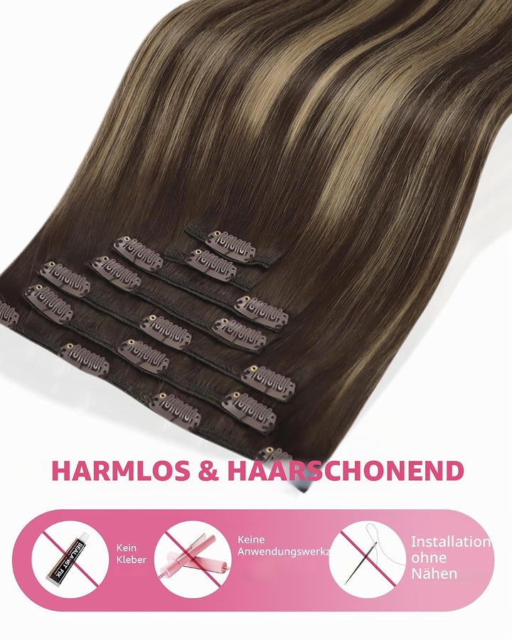YoungSee Clip in Extensions Echthaar Ombre 30cm Echthaar Extensions Clip Dunkelbraun Balayage Karame