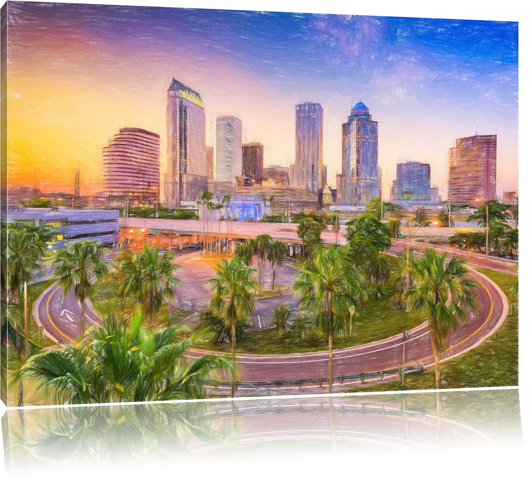 Pixxprint Skyline in den USA Kunst Buntstift Effekt, Format: 100x70 auf Leinwand, 100x70