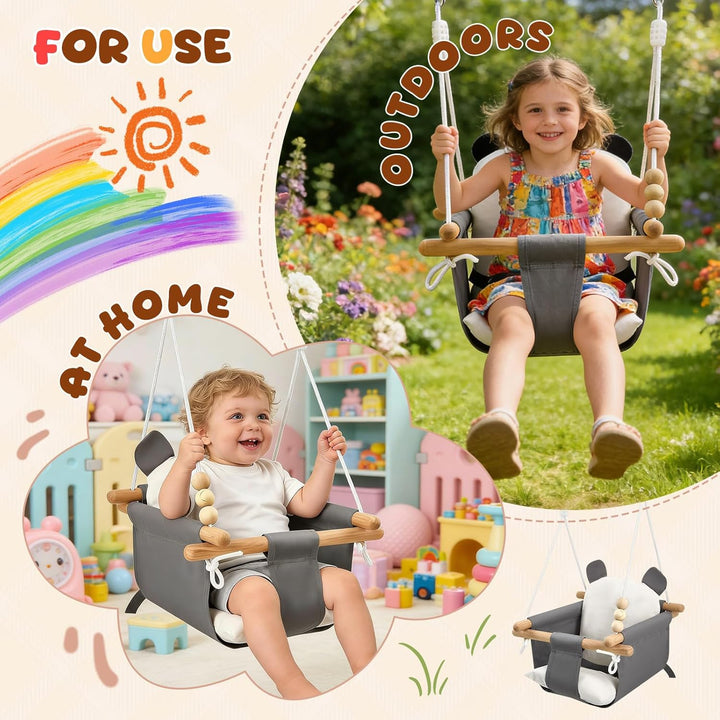 Babyschaukel aus Holz Kinder Schaukel Indoor mit Sicherheitsgurt Sicherheitsschnalle und Kissen, Kin