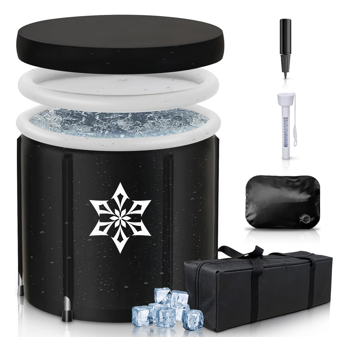 Eisbad Tonne mit Kühlsystem (80 cm Ø) XL, Eistonne Eisbaden mit 8 Edelstahlstangen, Sporttasche/Hitz
