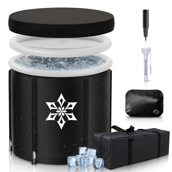 Eisbad Tonne mit Kühlsystem (80 cm Ø) XL, Eistonne Eisbaden mit 8 Edelstahlstangen, Sporttasche/Hitz
