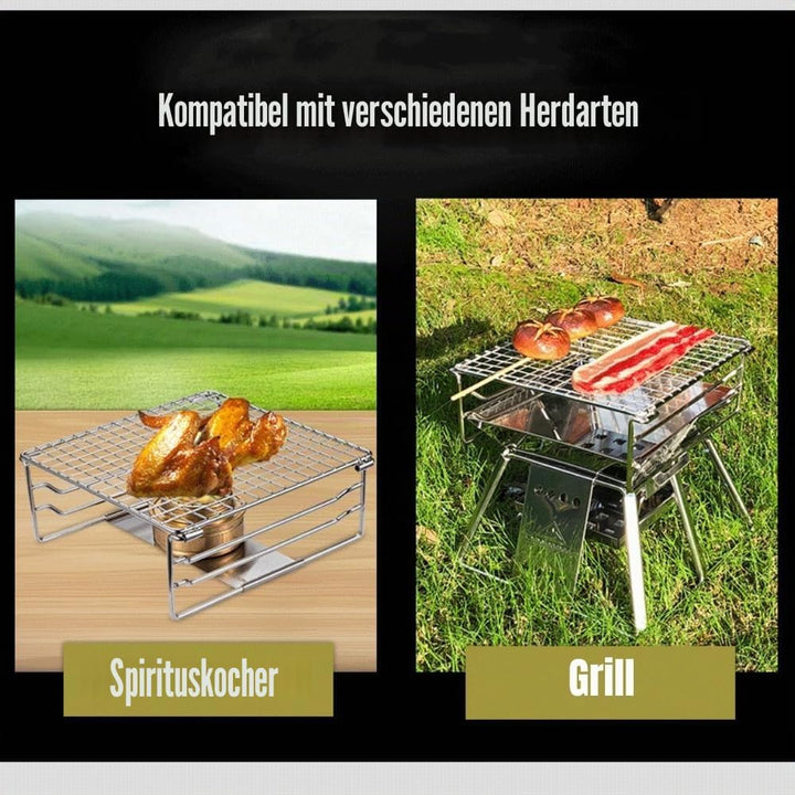 Grill-Warmhalterost aus robustem Edelstahl, tragbarer Grillrost mit Beinen für Outdoor, Rucksackreis