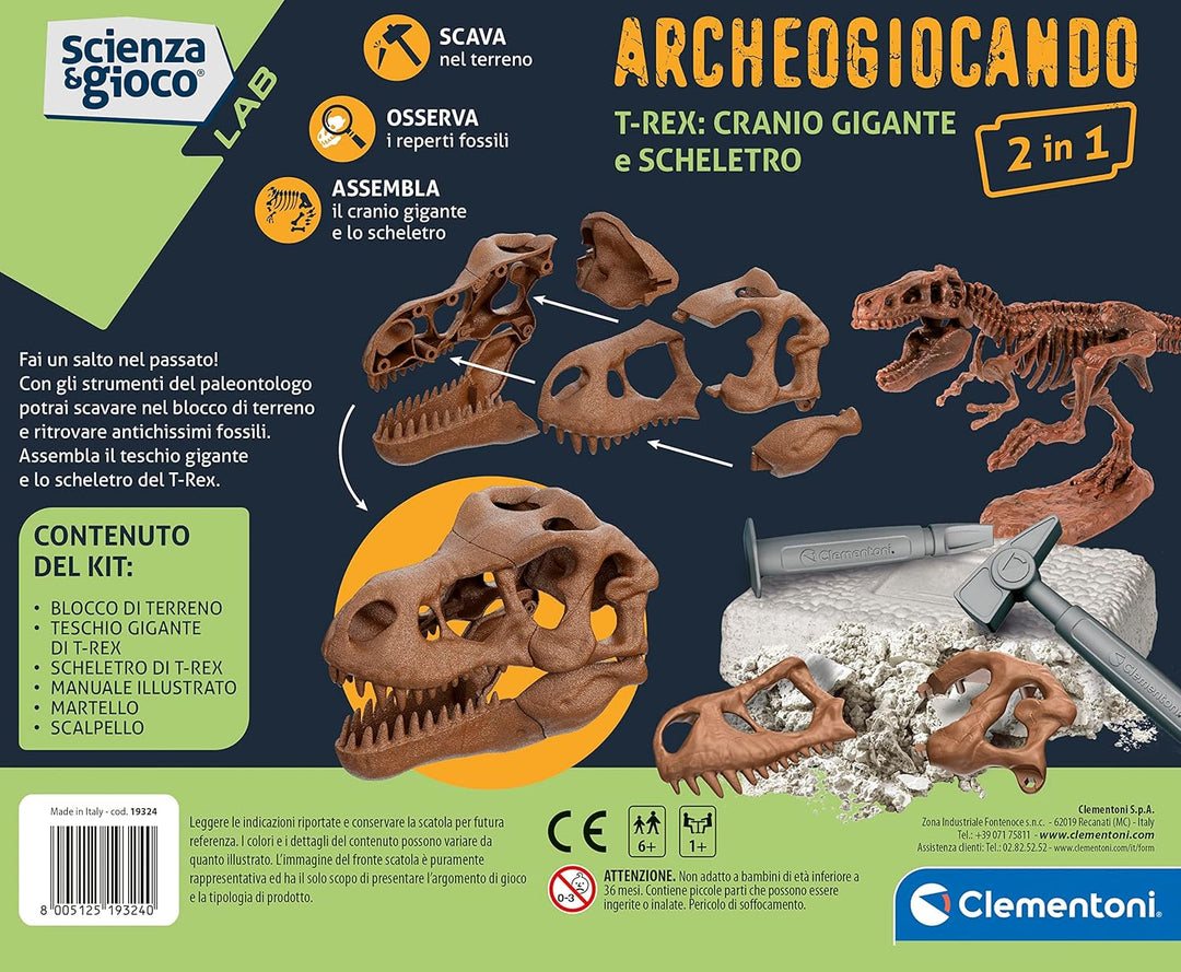 Clementoni - Wissenschaft Archäogiocando-Dig Trex 2in1-Dinosaurus, Fossilien zum Ausgraben und Zusam