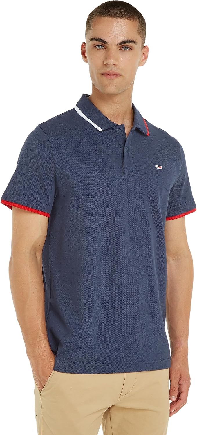 Tommy Jeans Herren TJM Reg Flag Neck Polo Kurzarm Poloshirts, Blau