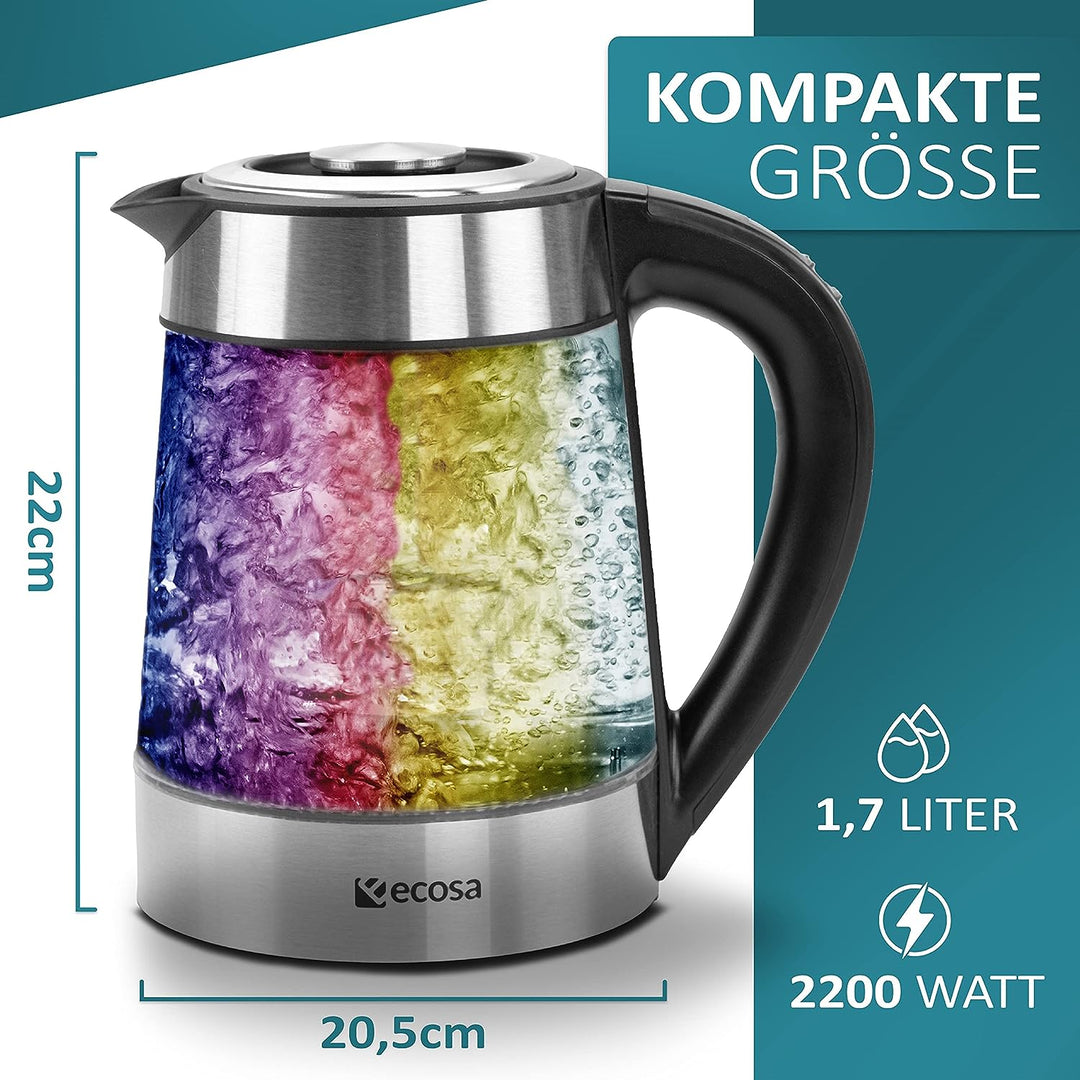 Glas Wasserkocher 1,7 Liter | 2200 Watt | Edelstahl mit Temperaturwahl | Teekocher | 100% BPA FREI |