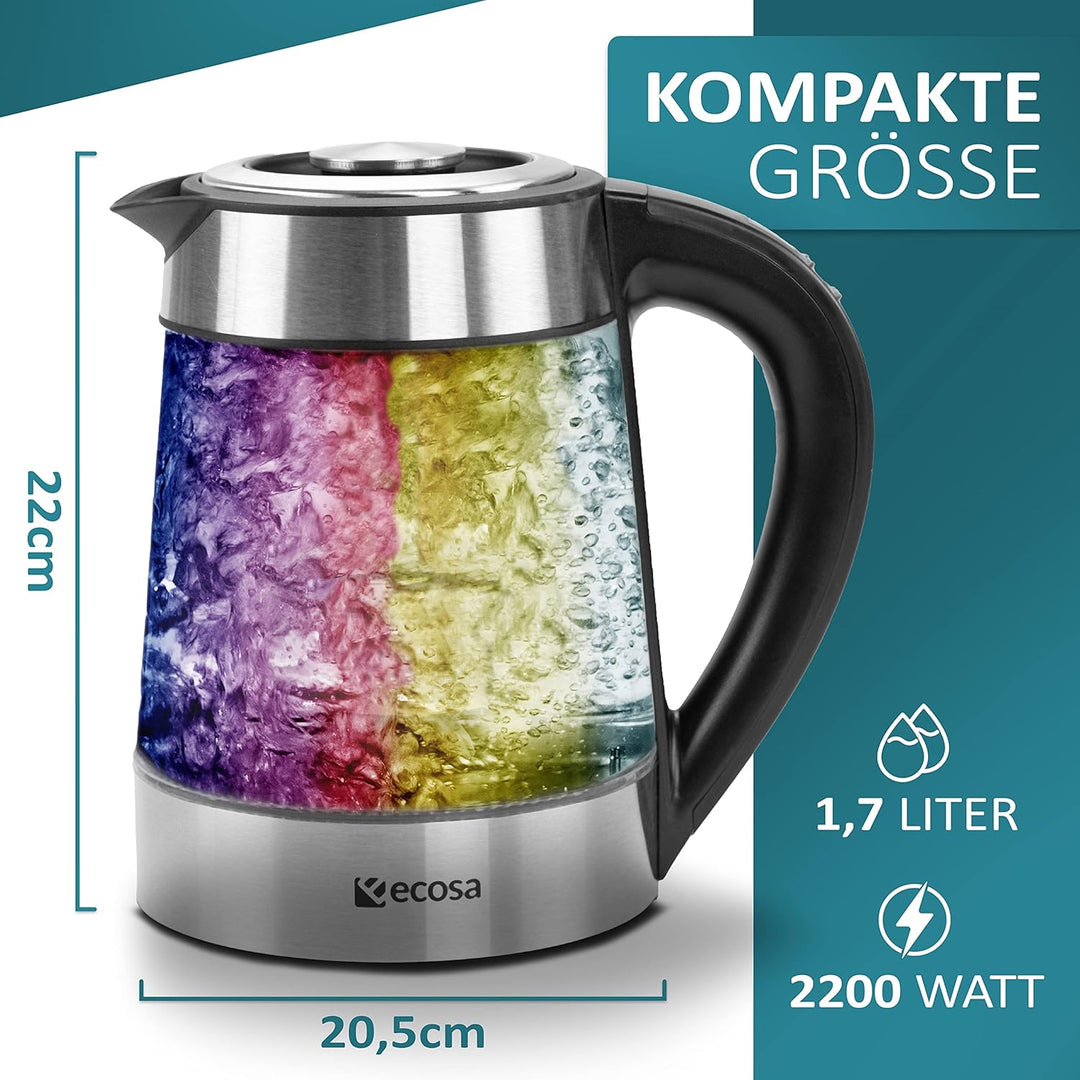 Glas Wasserkocher 1,7 Liter | 100% BPA FREI | 2200 Watt | Edelstahl mit Temperaturwahl | Teekocher |