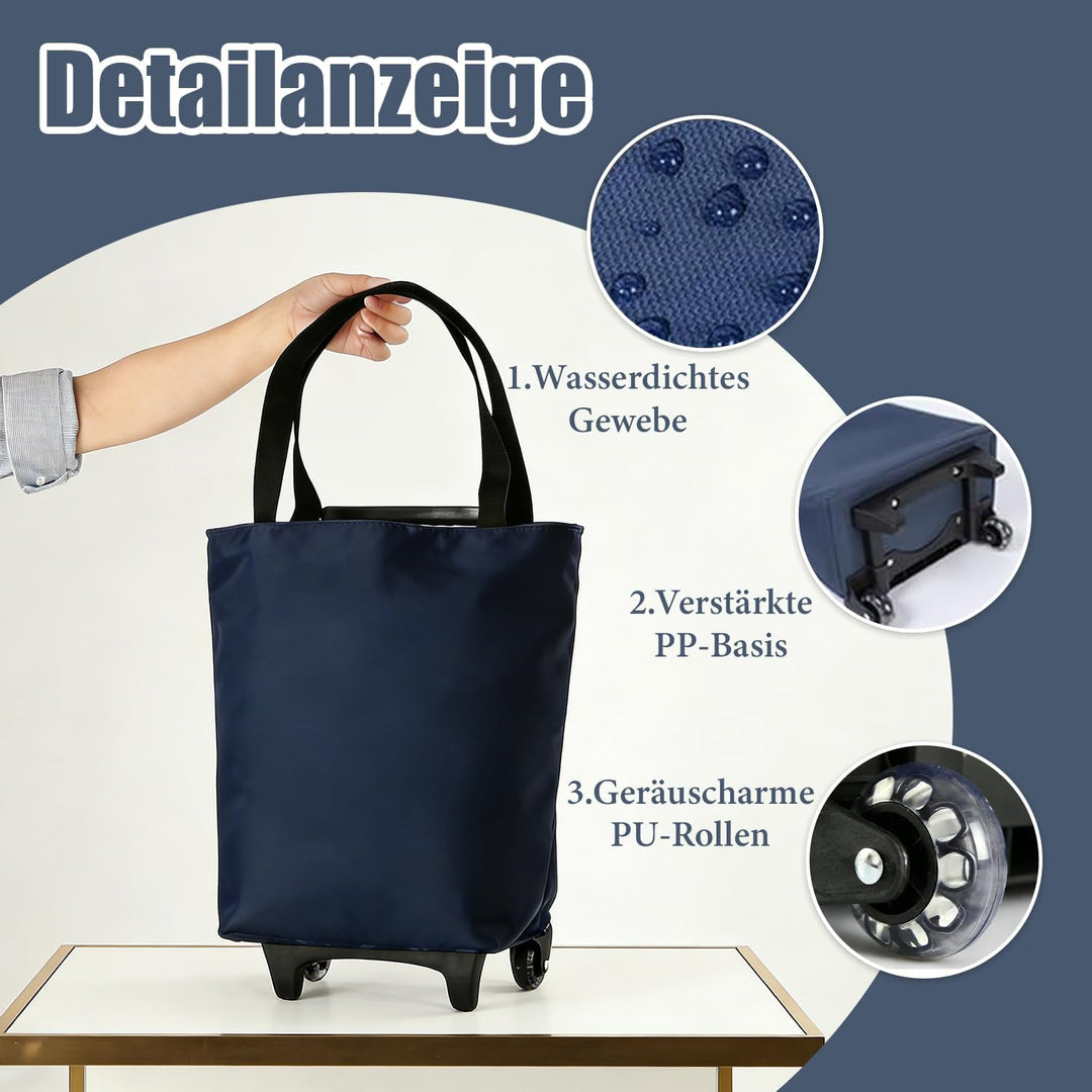 2-in-1 Einkaufstrolley Klappbar, 30L Faltbarer Einkaufstrolley, wasserdichte Einkaufstasche mit Roll