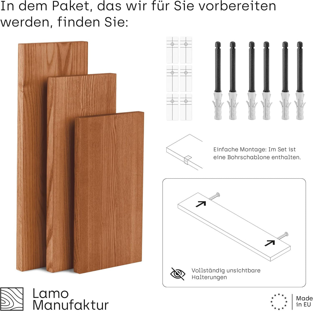 LAMO Manufaktur 3 Stück Wandregal aus Holz mit unsichtbarer Befestigung 40/35/30cm | Wandregal Holz
