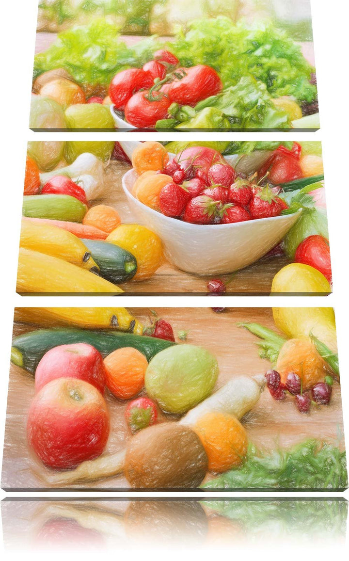Pixxprint Buntes Obst und Gemüse Bunstift Effekt 3-Teiler Leinwandbild 120x80 Bild auf Leinwand