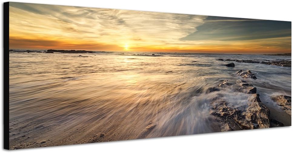 Paul Sinus Art Panoramabild auf Leinwand und Keilrahmen 150x50cm Meer Felsen Wolken Sonnenuntergang