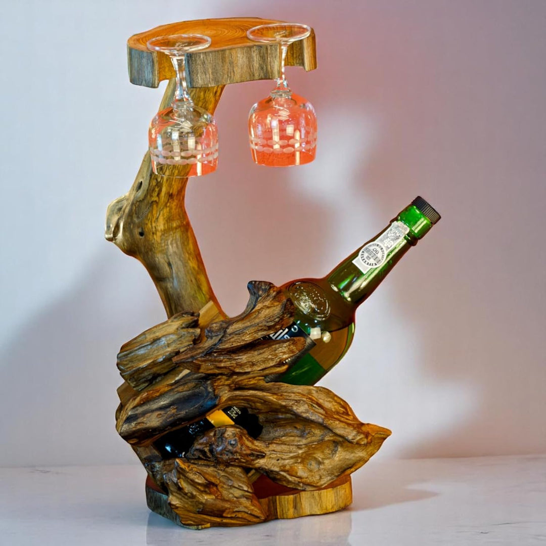 Teak Flaschenständer L - Wurzelholz Flaschenhalter - 41cm Edel und Dekorativ für 1 Flasche und 2 Glä