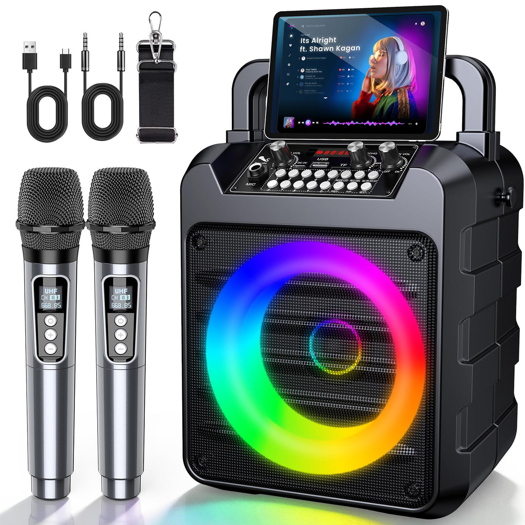Dislocati Karaoke Maschine mit 2 Wireless Mikrofonen - 20W Tragbarer Party-Lautsprecher, LED-Lichtsh