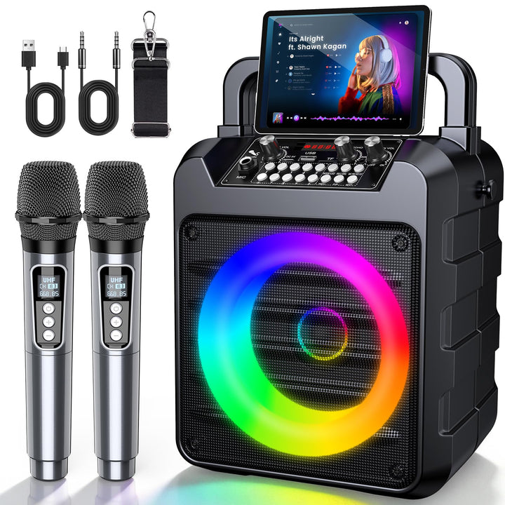 Dislocati Karaoke Maschine mit 2 Wireless Mikrofonen - 20W Tragbarer Party-Lautsprecher, LED-Lichtsh