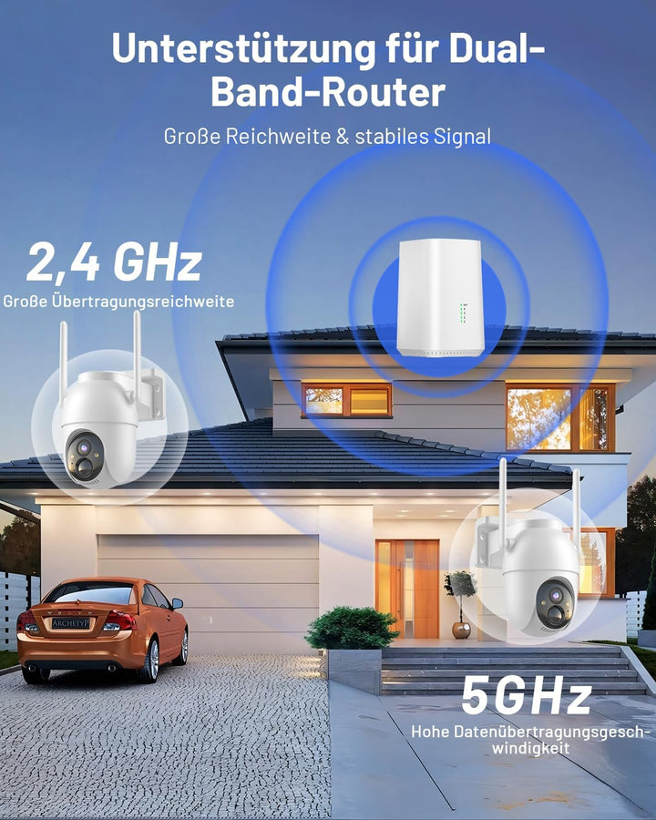 2K Überwachungskamera Aussen Akku Solar, 2-Cam-Set mit Basisstation | 360° PTZ Kabellos, 32G Lokaler