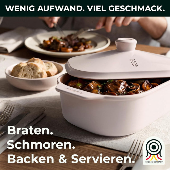 myromy® Bräter, Schmortopf & Brotbackform aus Keramik Natur-Ton: Bratentopf, Dampfgarer & Backform,