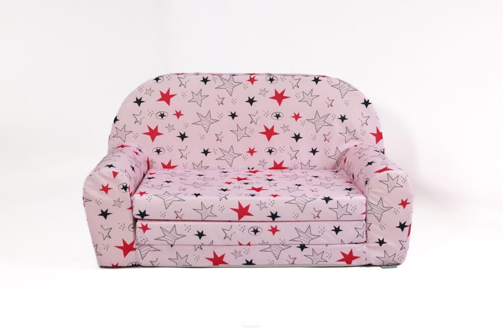 FORTISLINE Kindersofa Mini zum Aufklappen Viele Muster W386 (Rosa Sterne Grau/Pink)