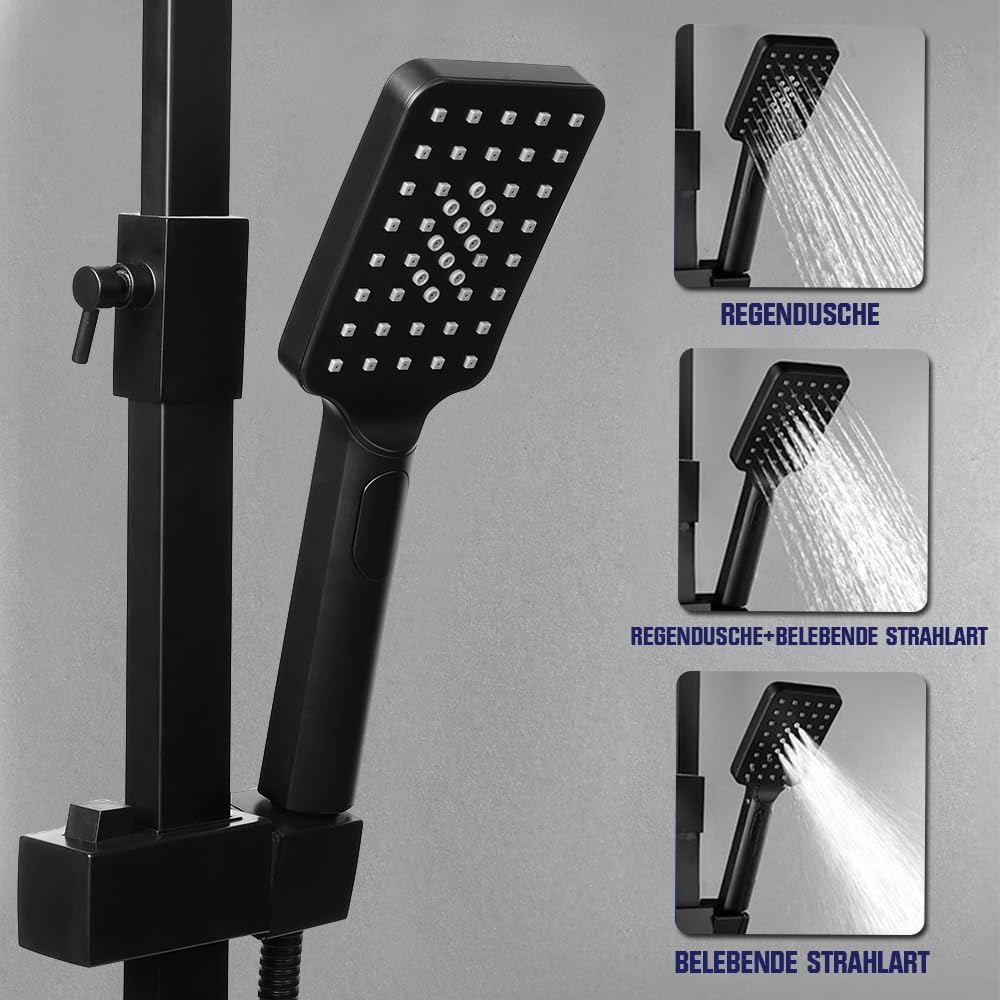 Duschsystem Schwarz mit Thermostat, 30 X 19 CM Kopfbrause, Vielseitig Duschset 86-120 cm verstellbar