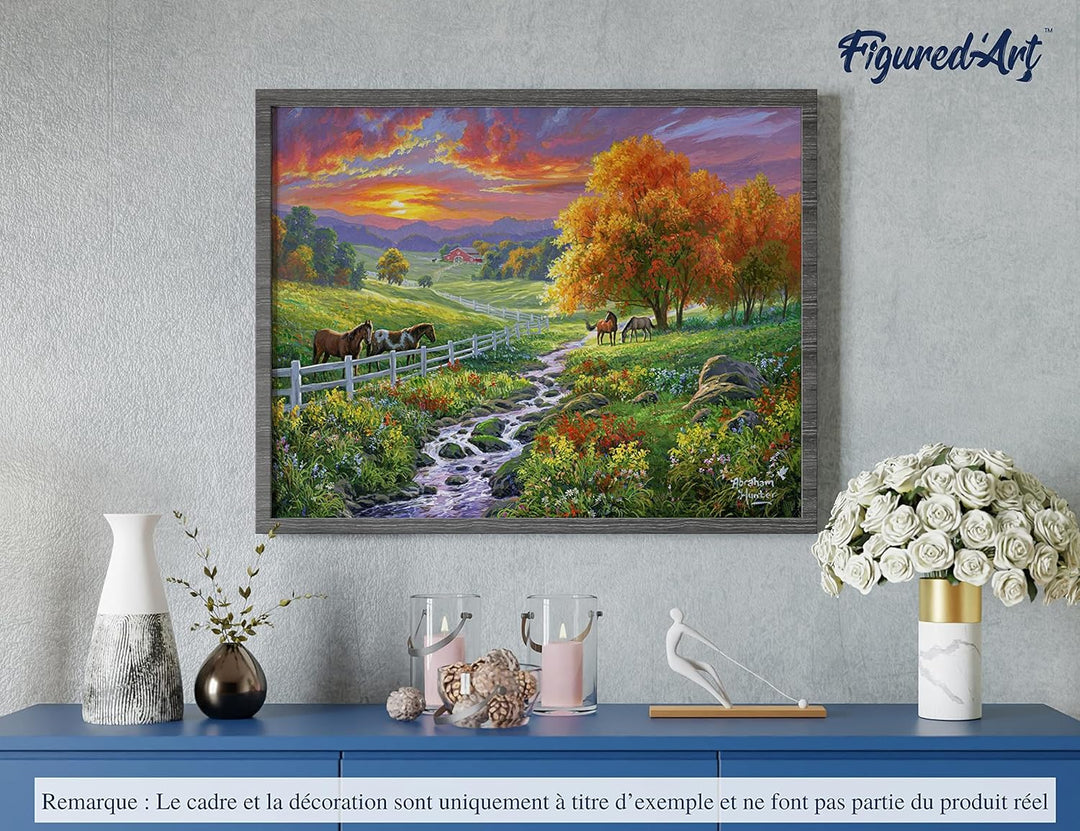 Figured'Art Malen Nach Zahlen Erwachsene Mit Rahmen Landschaftlicher Sonnenuntergang und Pferde - Pa